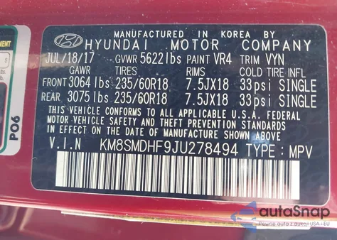 2018 Hyundai Santa Fe Se from USA, damaged, VIN KM8SMDHF9JU278494